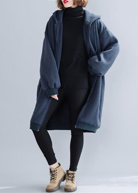 Blue Hooded Drawstring Pockets Warm Fleece Jackets Winter