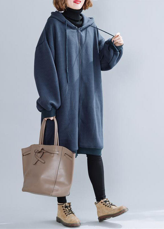 Blue Hooded Drawstring Pockets Warm Fleece Jackets Winter