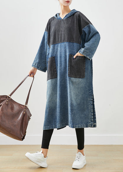 Blue Hooded Patchwork Side Open Cotton Sweatshirt Dress Fall