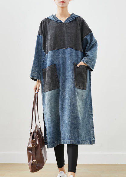 Blue Hooded Patchwork Side Open Cotton Sweatshirt Dress Fall
