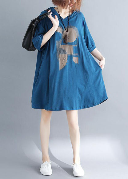 Blue Hooded Print Cotton Sweatshirt Dress Summer