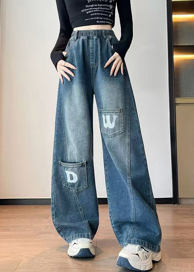 Blue Letter Pockets Elastic Waist Denim Pants Spring