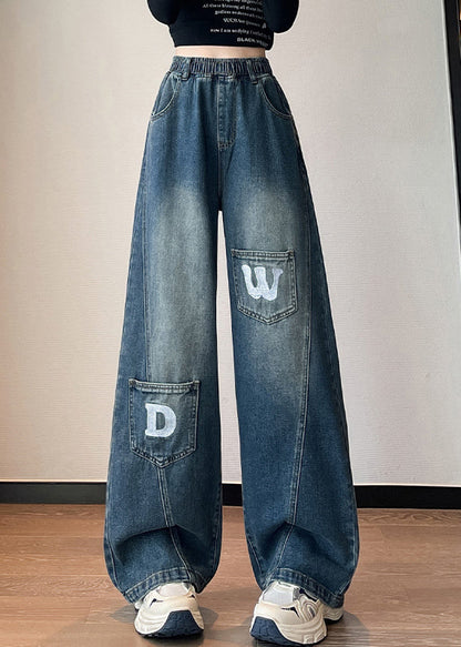 Blue Letter Pockets Elastic Waist Denim Pants Spring