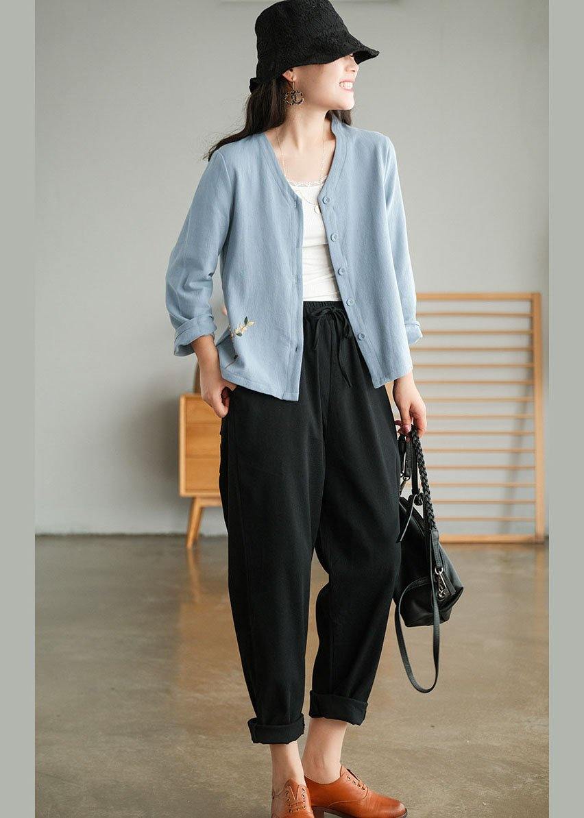 Plus Size Blue Loose V Neck Button Fall Shirts Long Sleeve