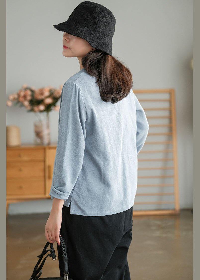 Plus Size Blue Loose V Neck Button Fall Shirts Long Sleeve