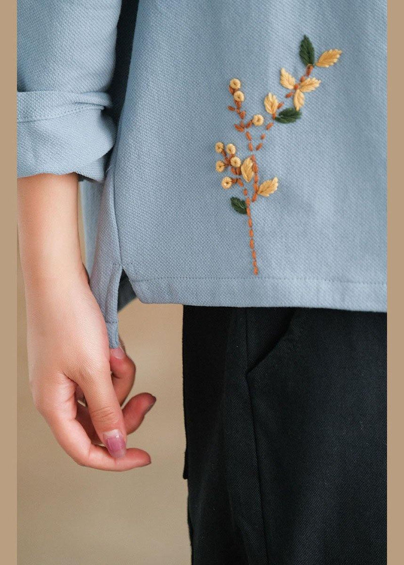 Blue Loose V Neck Button Fall Shirts Long Sleeve