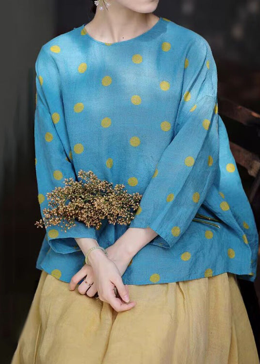 Blue O Neck Button Dot Linen Shirt Fall