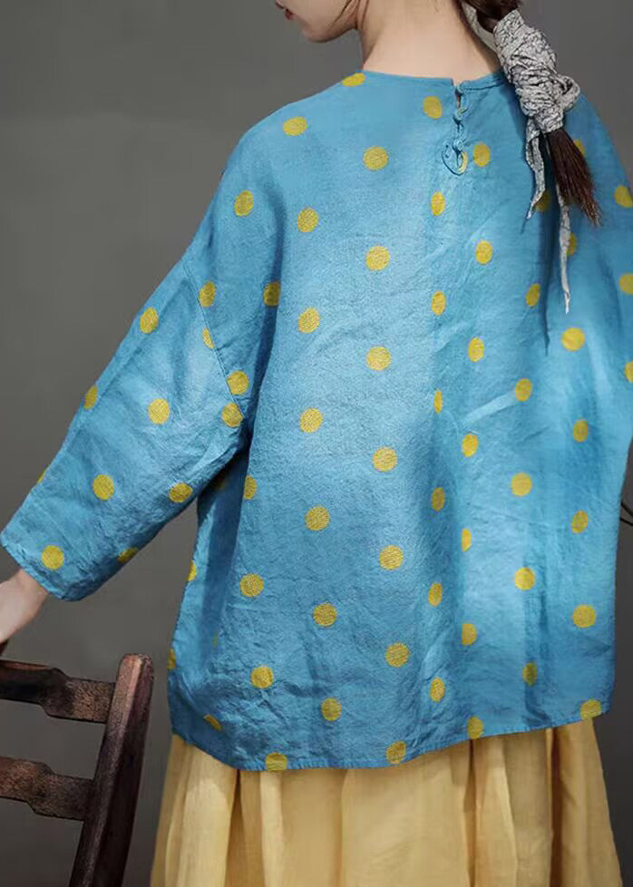 Blue O Neck Button Dot Linen Shirt Fall