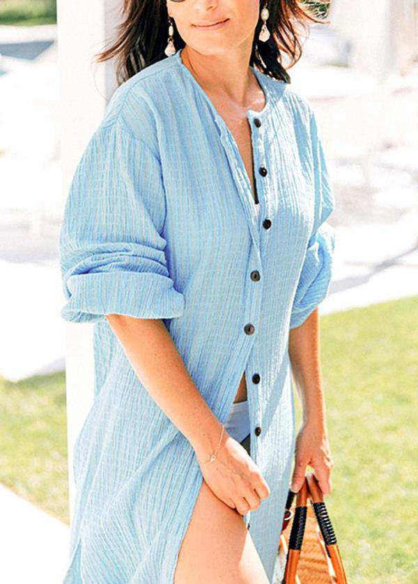 Blue O-neck Button Summer Cotton Long Shirts