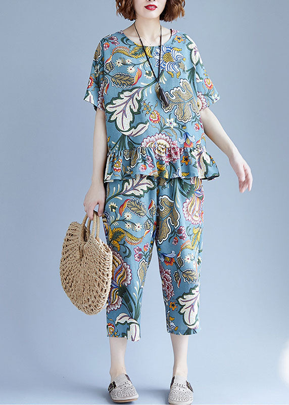 Blue O-neck Cotton Tops and Crop Pants Two Pieces Set Spring