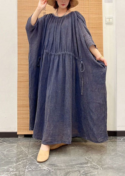 Blue O Neck Drawstring Patchwork Linen Long Dresses Summer