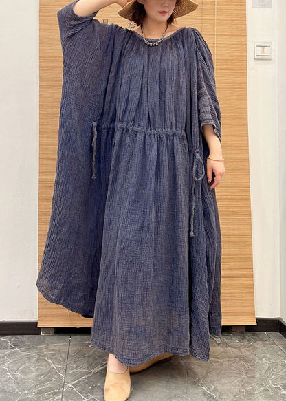 Blue O Neck Drawstring Patchwork Linen Long Dresses Summer