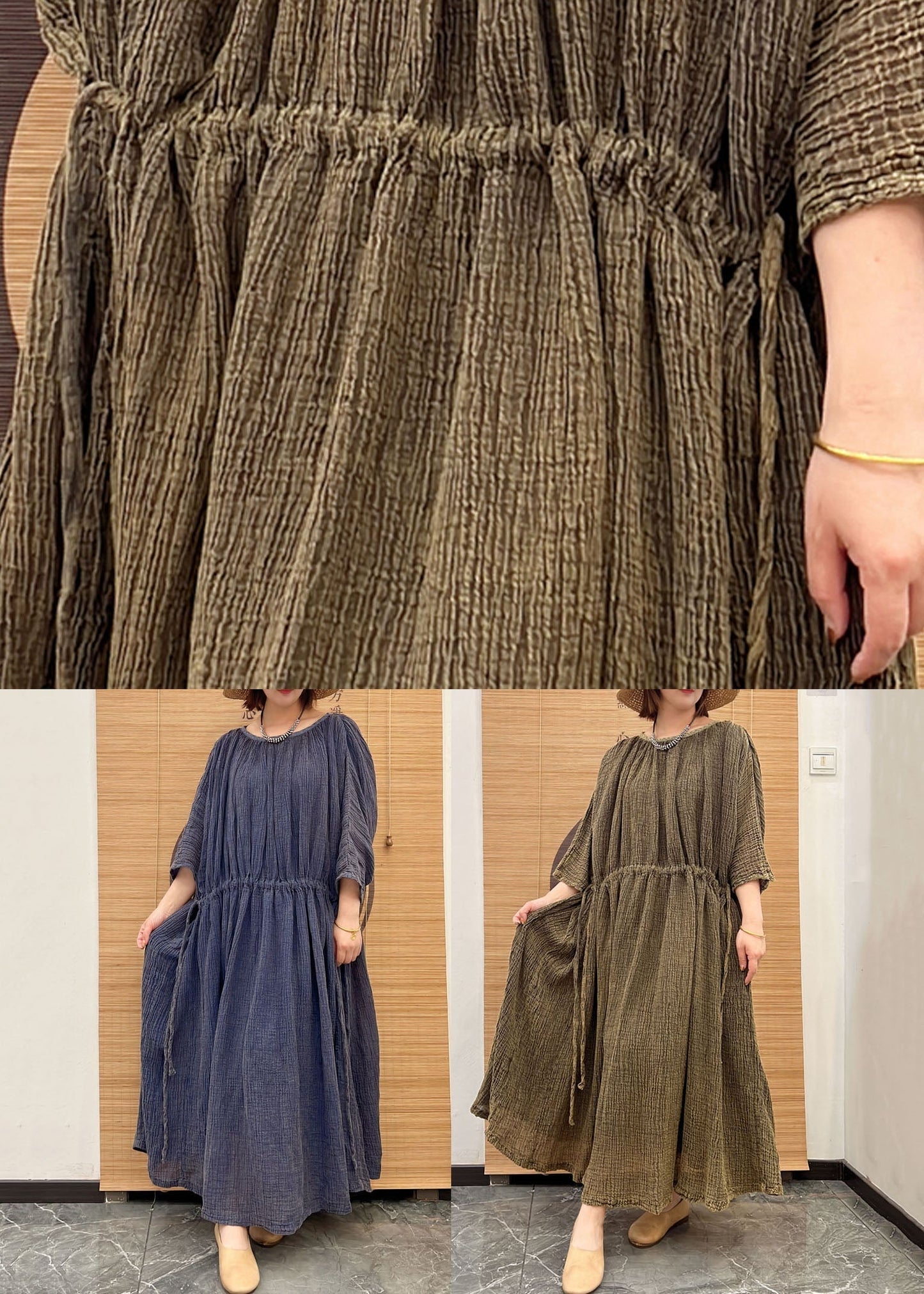 Blue O Neck Drawstring Patchwork Linen Long Dresses Summer
