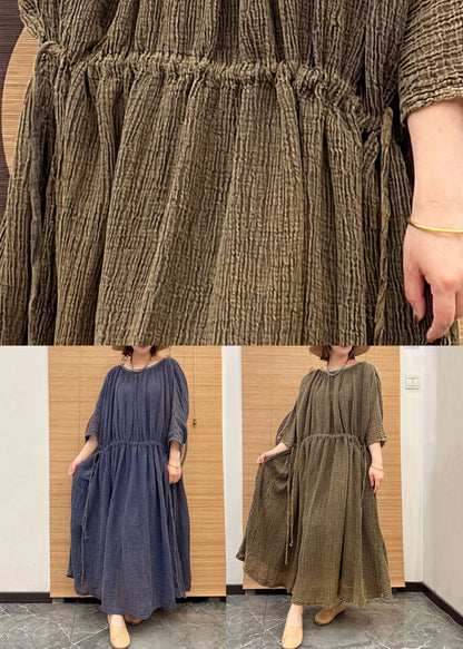 Blue O Neck Drawstring Patchwork Linen Long Dresses Summer