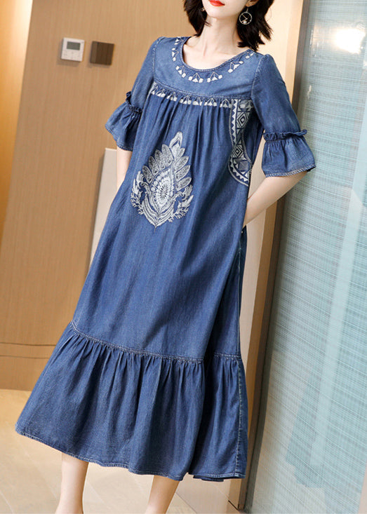 Blue O-neck Embroideried Ruffles Cotton Denim Dress Flare Sleeve