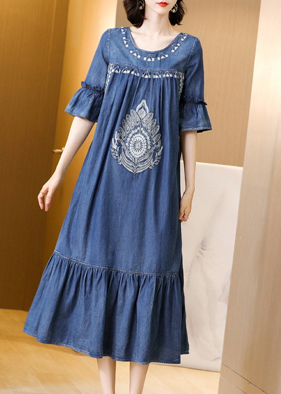Blue O-neck Embroideried Ruffles Cotton Denim Dress Flare Sleeve