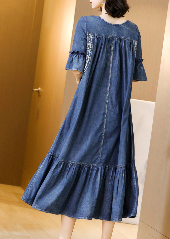 Blue O-neck Embroideried Ruffles Cotton Denim Dress Flare Sleeve