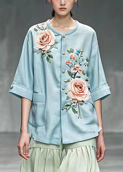 Blue O-neck Button Top Summer