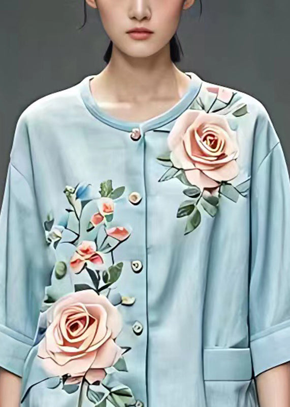 Blue O-neck Button Top Summer