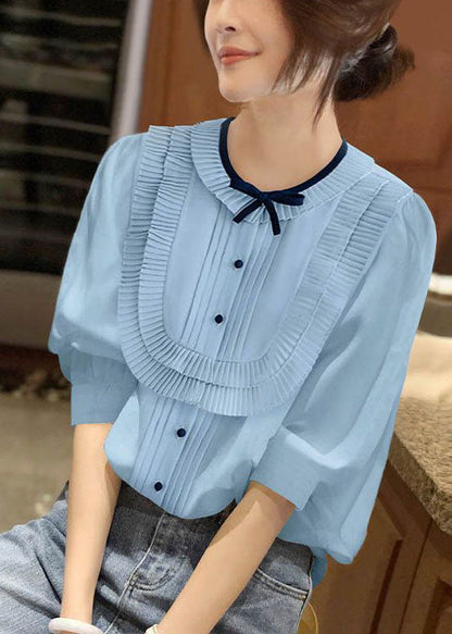 Blue O-neck Patchwork Bow Wrinkled Chiffon Shirt Bracelet Sleeve