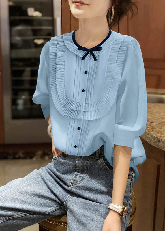 Blue O-neck Patchwork Bow Wrinkled Chiffon Shirt Bracelet Sleeve