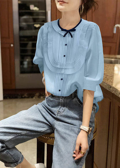 Blue O-neck Patchwork Bow Wrinkled Chiffon Shirt Bracelet Sleeve
