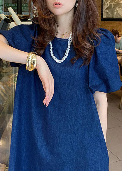 Blue O-neck Patchwork Cozy Mid Denim Dresses Short Sleeve