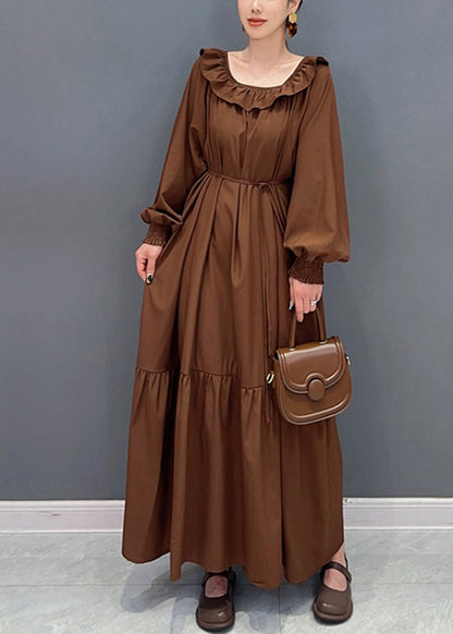 Blue O-neck Patchwork Long Dress Lantern Sleeve