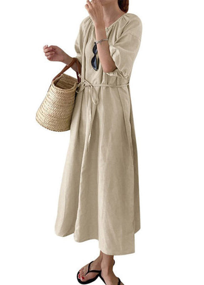 Blue O-neck Patchwork Tie Waist Long Dress Short Sleeve