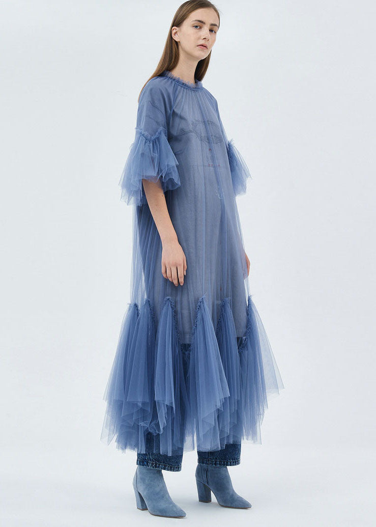 Blue O-neck Patchwork Tulle Maxi Dresses Half Sleeve