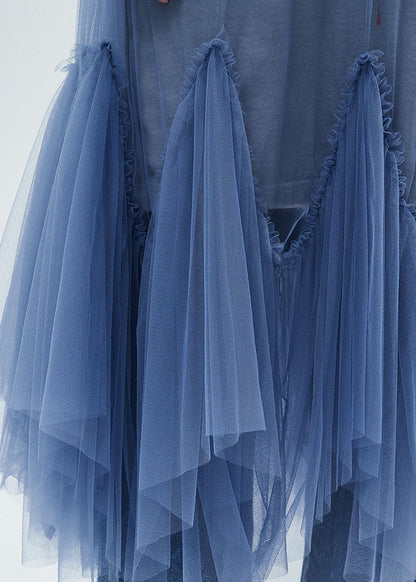 Blue O-neck Patchwork Tulle Maxi Dresses Half Sleeve