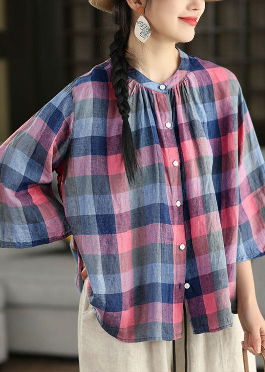 Blue O Neck Plaid Linen Top Flare Sleeve