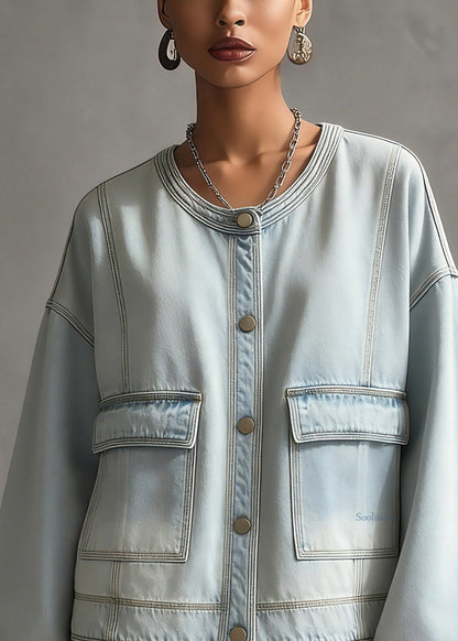 Blue O-neck Pockets Denim Coat Long Sleeve