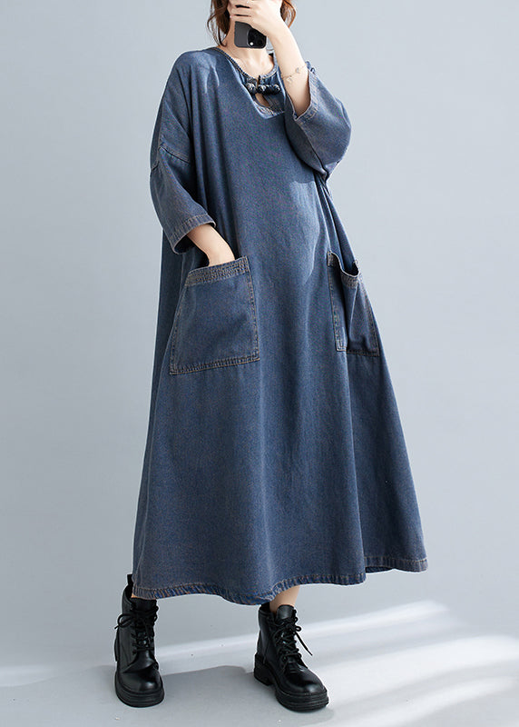 Blue O Neck Pockets Patchwork Denim Long Dresses Fall