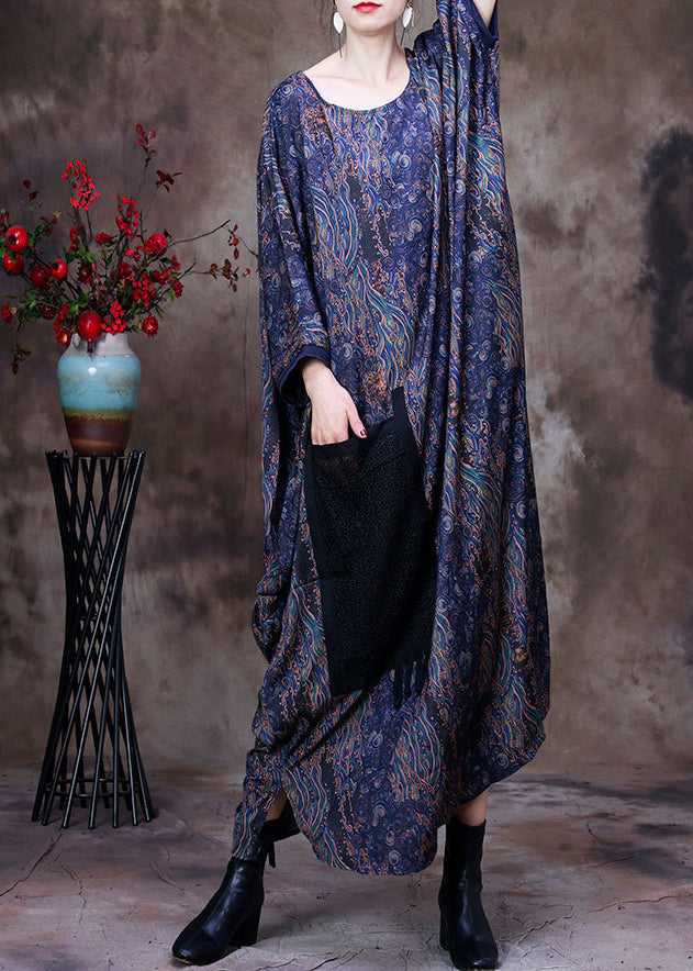 Blue O-neck Print Big Pocket Silk Ankle Dress Long Sleeve
