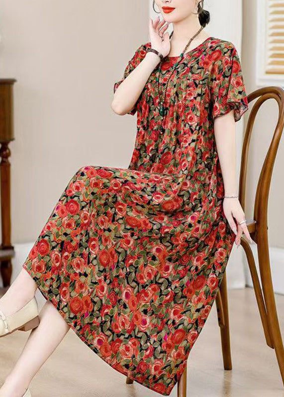 Blue O-neck Print Holiday Long Dress Short Sleeve