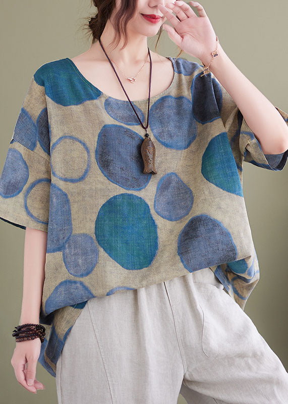 Blue O-neck Print Linen Tank Tops for Short Sleeve