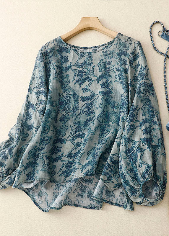 Blue O Neck Print Patchwork Cotton T Shirt Long Sleeve