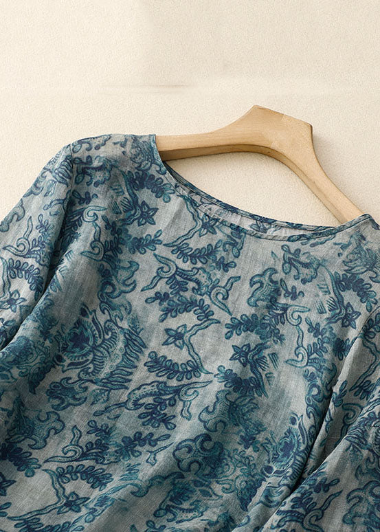 Blue O Neck Print Patchwork Cotton T Shirt Long Sleeve