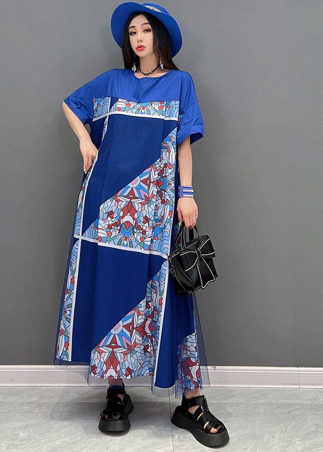 Blue O-neck Print Tulle Patchwork Dresses Short Sleeve