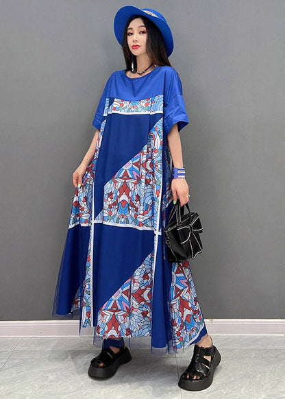 Blue O-neck Print Tulle Patchwork Dresses Short Sleeve