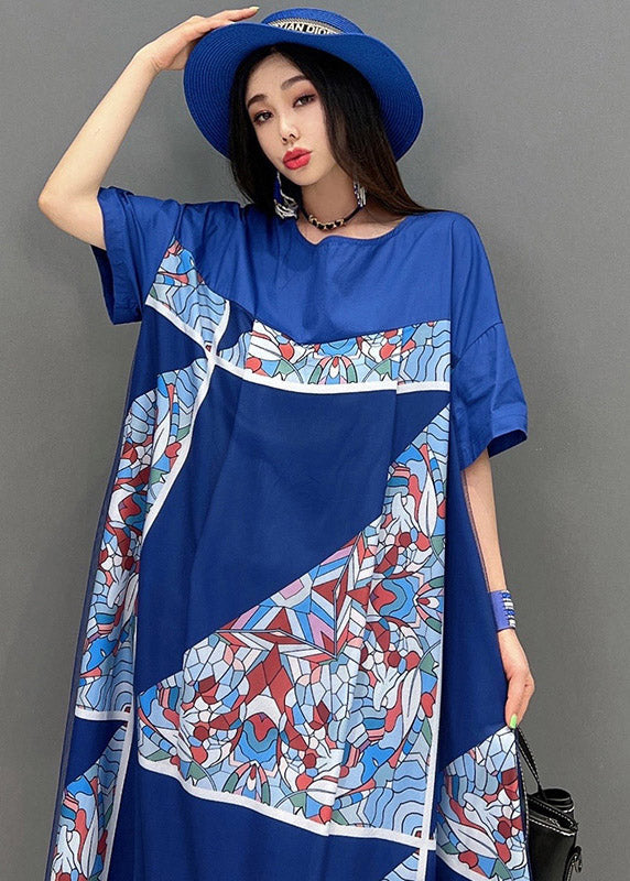 Blue O-neck Print Tulle Patchwork Dresses Short Sleeve