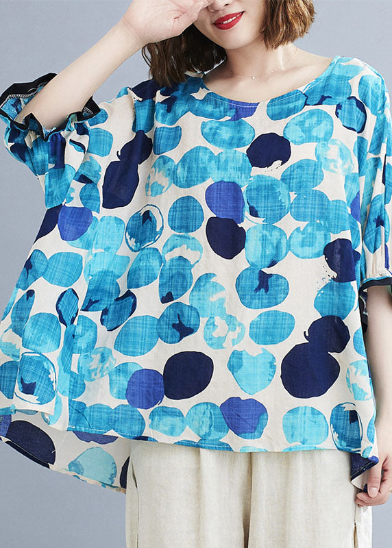 Blue O-neck Ruffled Dot Print Cotton Loose Blouses Short Sleeve