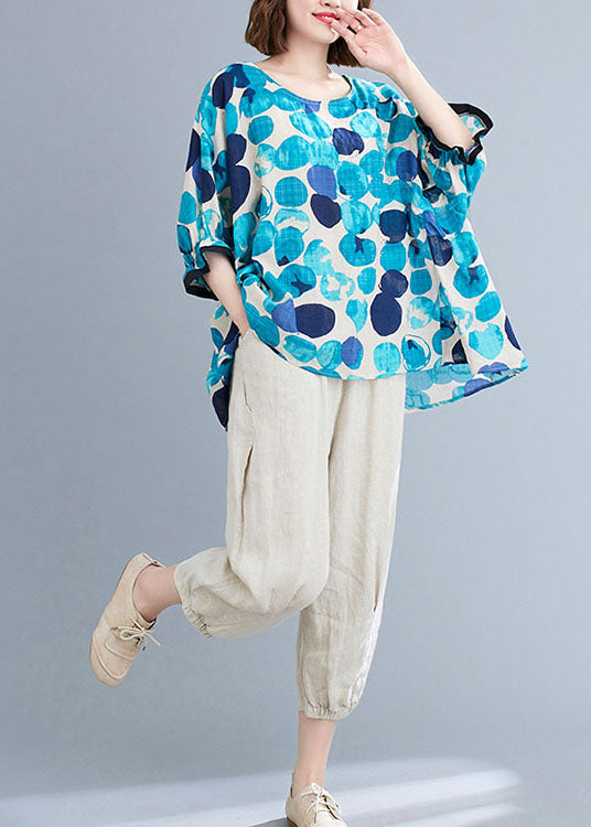 Blue O-neck Ruffled Dot Print Cotton Loose Blouses Short Sleeve