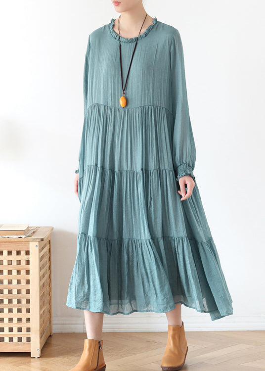 Blue O-neck Ruffled Wrinkled Vacation Dress Lantern Sleeve