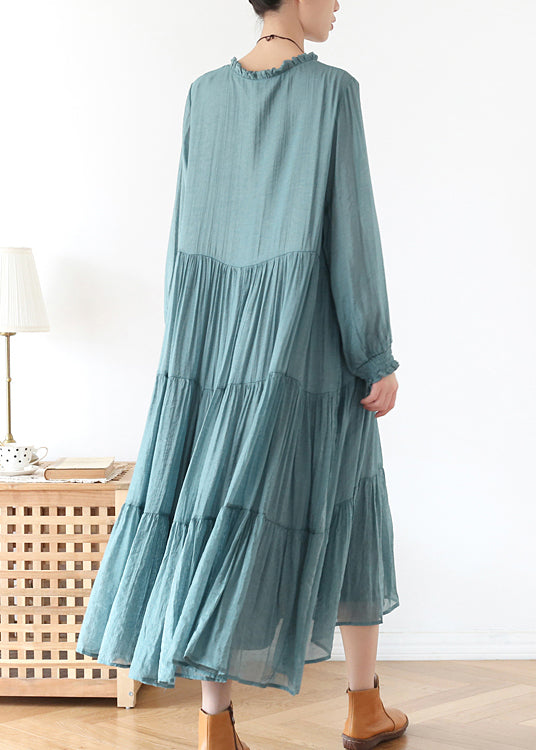 Blue O-neck Ruffled Wrinkled Vacation Dress Lantern Sleeve