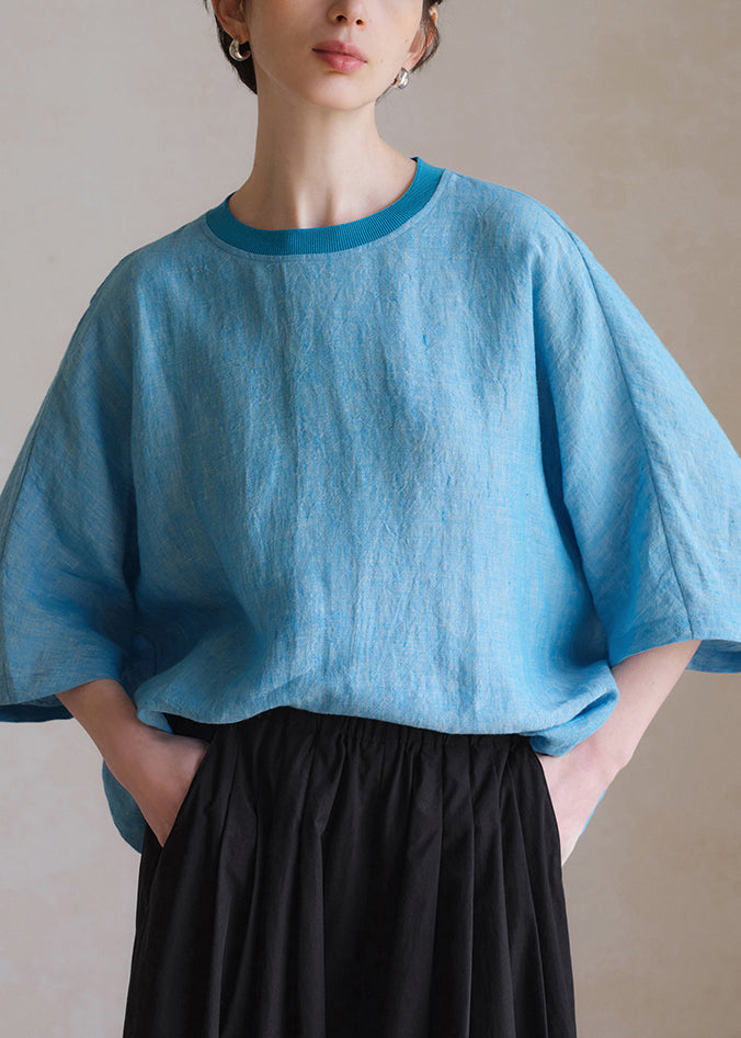 Blue O Neck Linen Shirt Half Sleeve