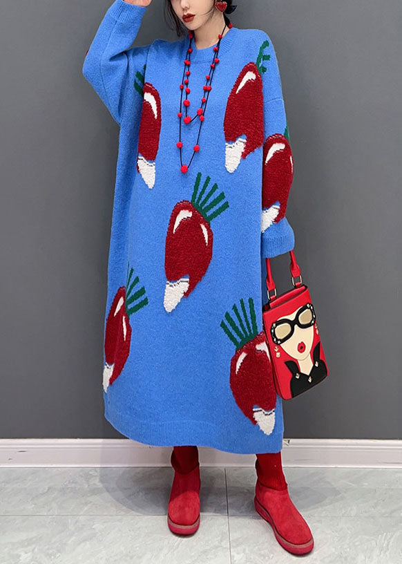 Blue O Neck Strawberry Jacquard Long Knit Dress Winter