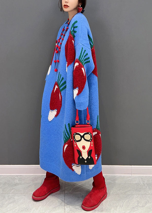 Blue O Neck Strawberry Jacquard Long Knit Dress Winter
