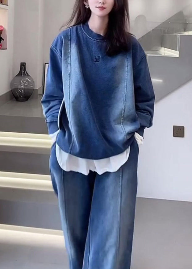 Blue O Neck Tops and Pants Denim Two Piece Set Outfits Spring